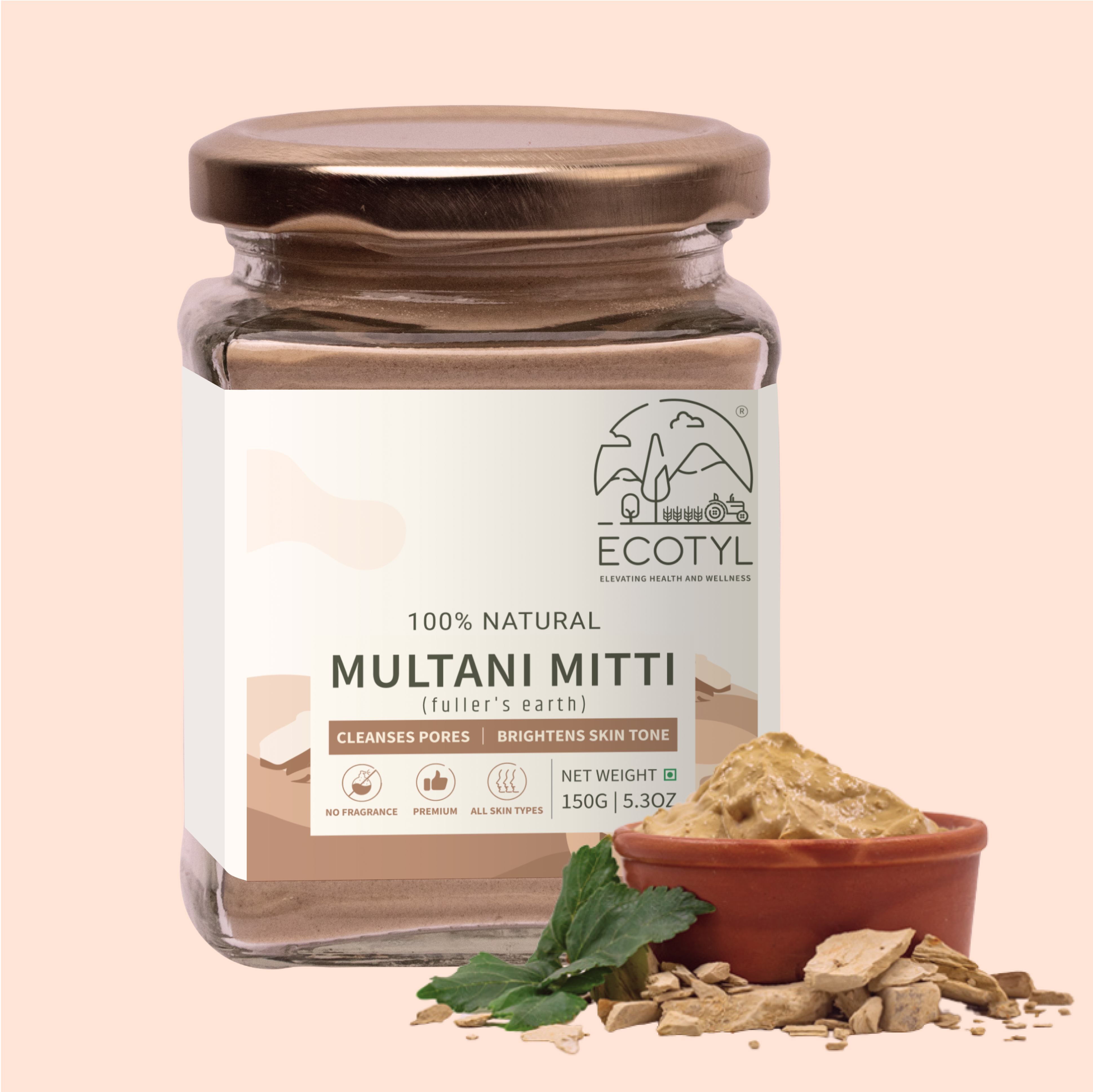 Ecotyl Pure Multani Mitti | Face Pack for Exfoliation & Clear Skin | Bentonite Clay - 150g